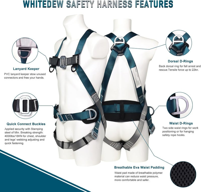 Whitedew Safety Harness Fall Protection Kit with Shock Absorbing Lanyard, Roofing Work Harnesses Full Body Safety Harness for Construction (Dark Green) - Image 2